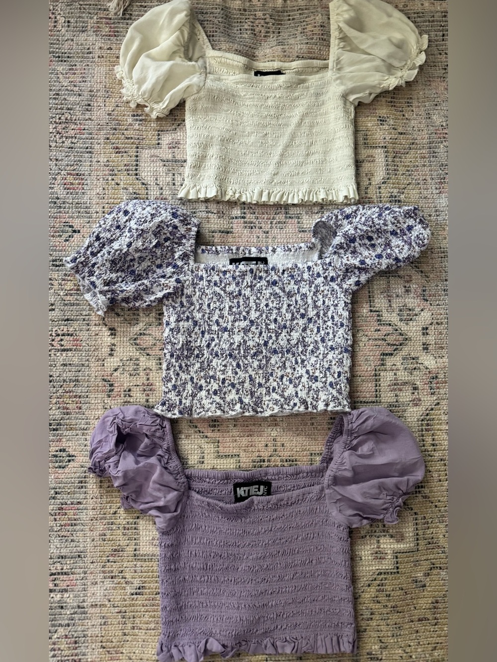 Lot of 3 Katie J NYC Puff-Sleeve Tops (Lavender, Cream, Floral)
